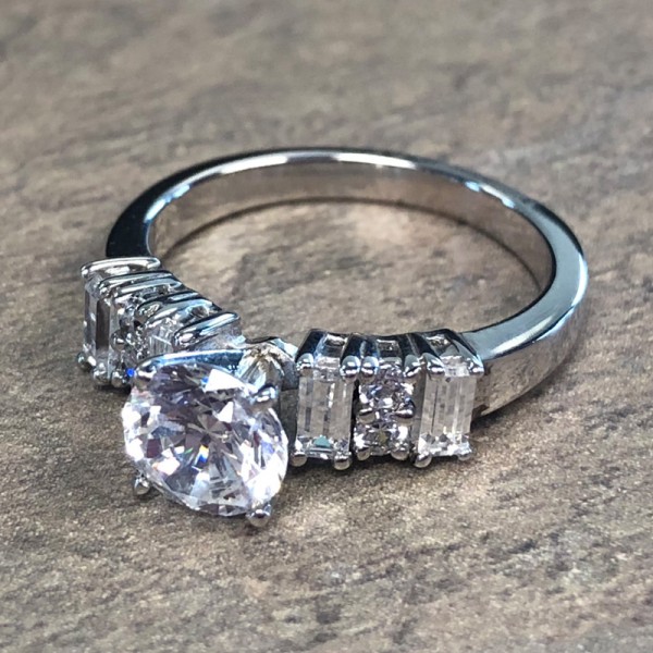 14K White Gold Baguette and Round Diamond Engagement Ring